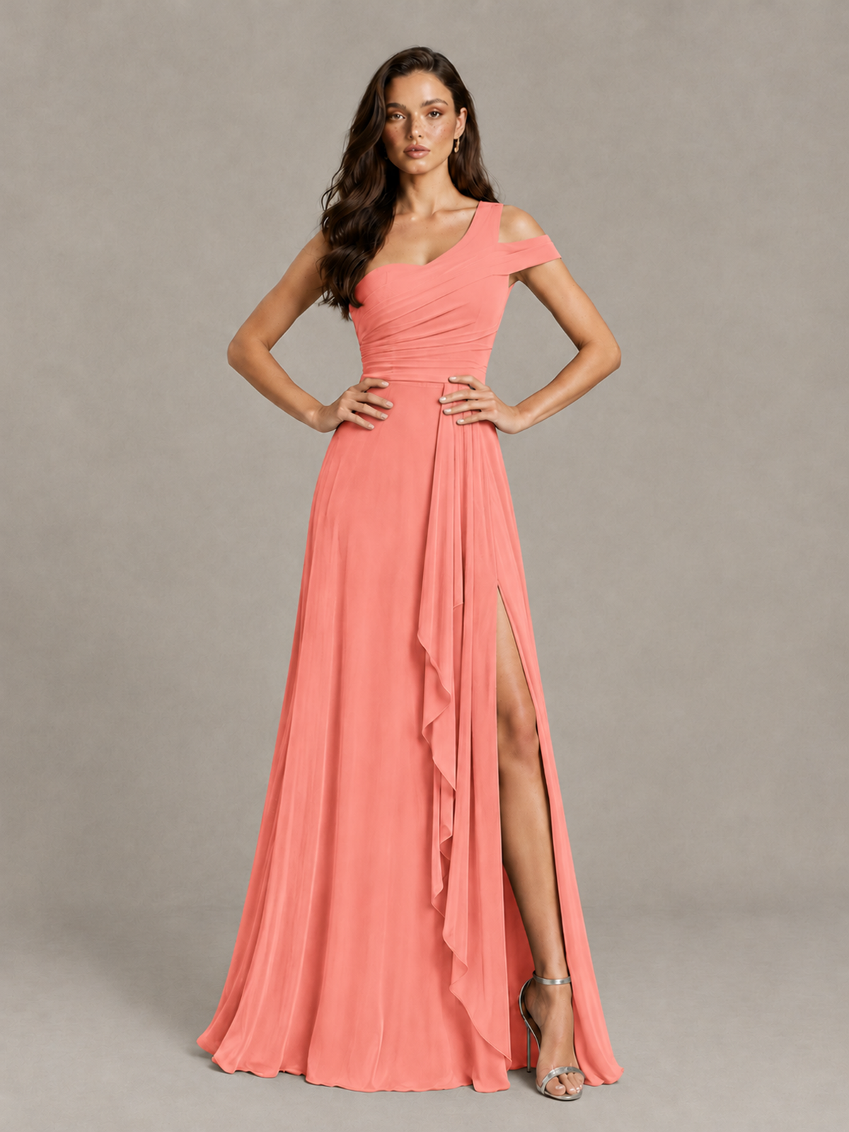 BOLODOO Coral One-Shoulder Bridesmaid Dress with Side Slit - Coral - Coral (4)