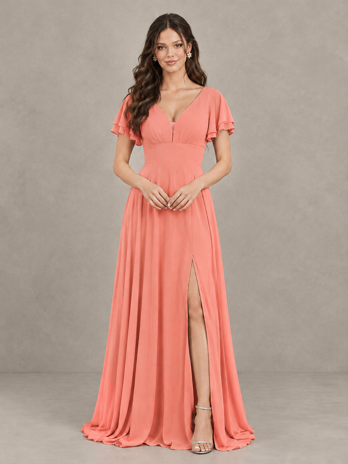 BOLODOO Coral Flutter Sleeve Chiffon A-Line Maxi Bridesmaid Dress with Open Back & Slit - Coral - Coral (4)
