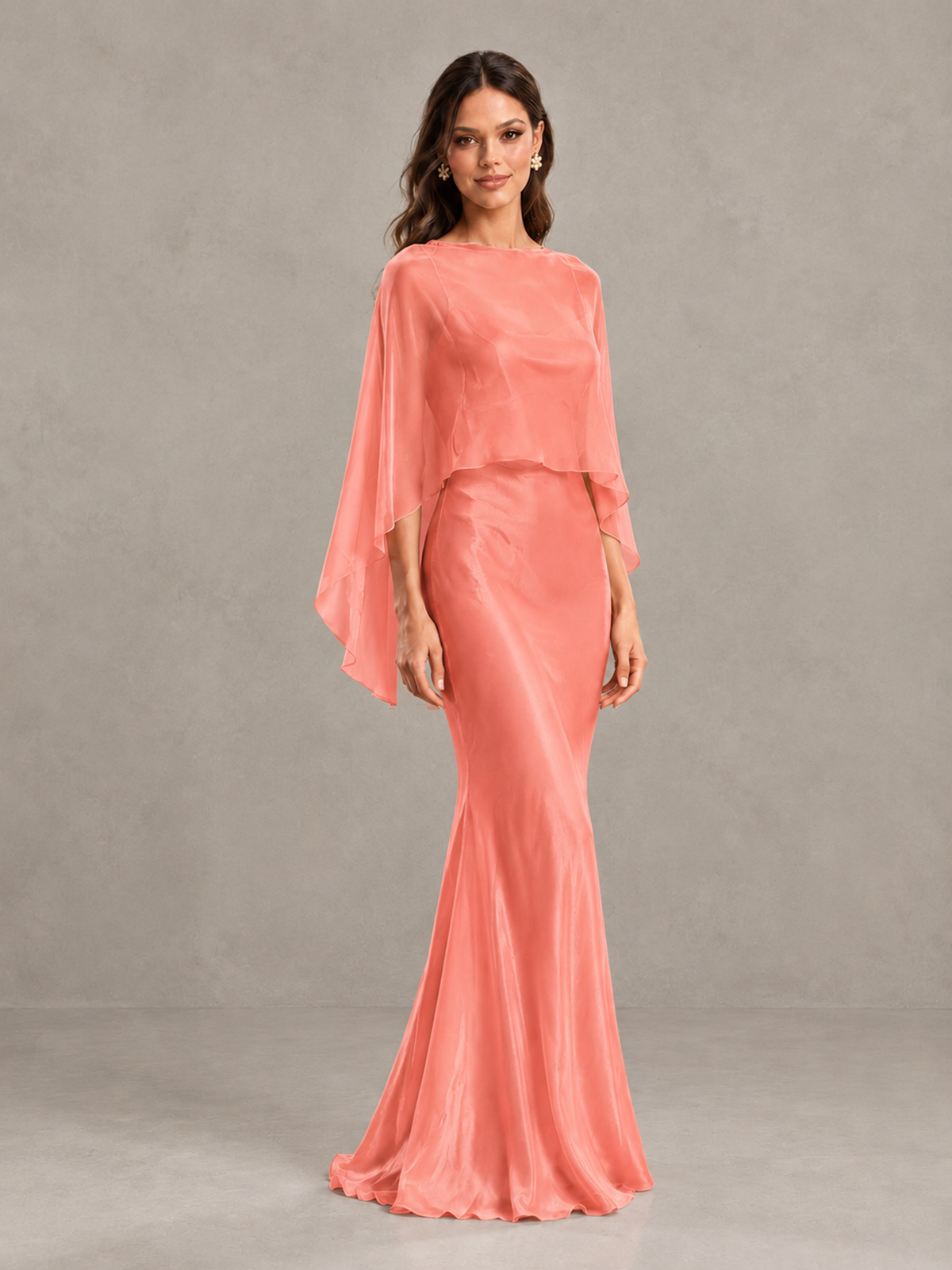 BOLODOO Coral Satin Mermaid Bridesmaid Dress with Chiffon Cape - Coral - Coral (4)