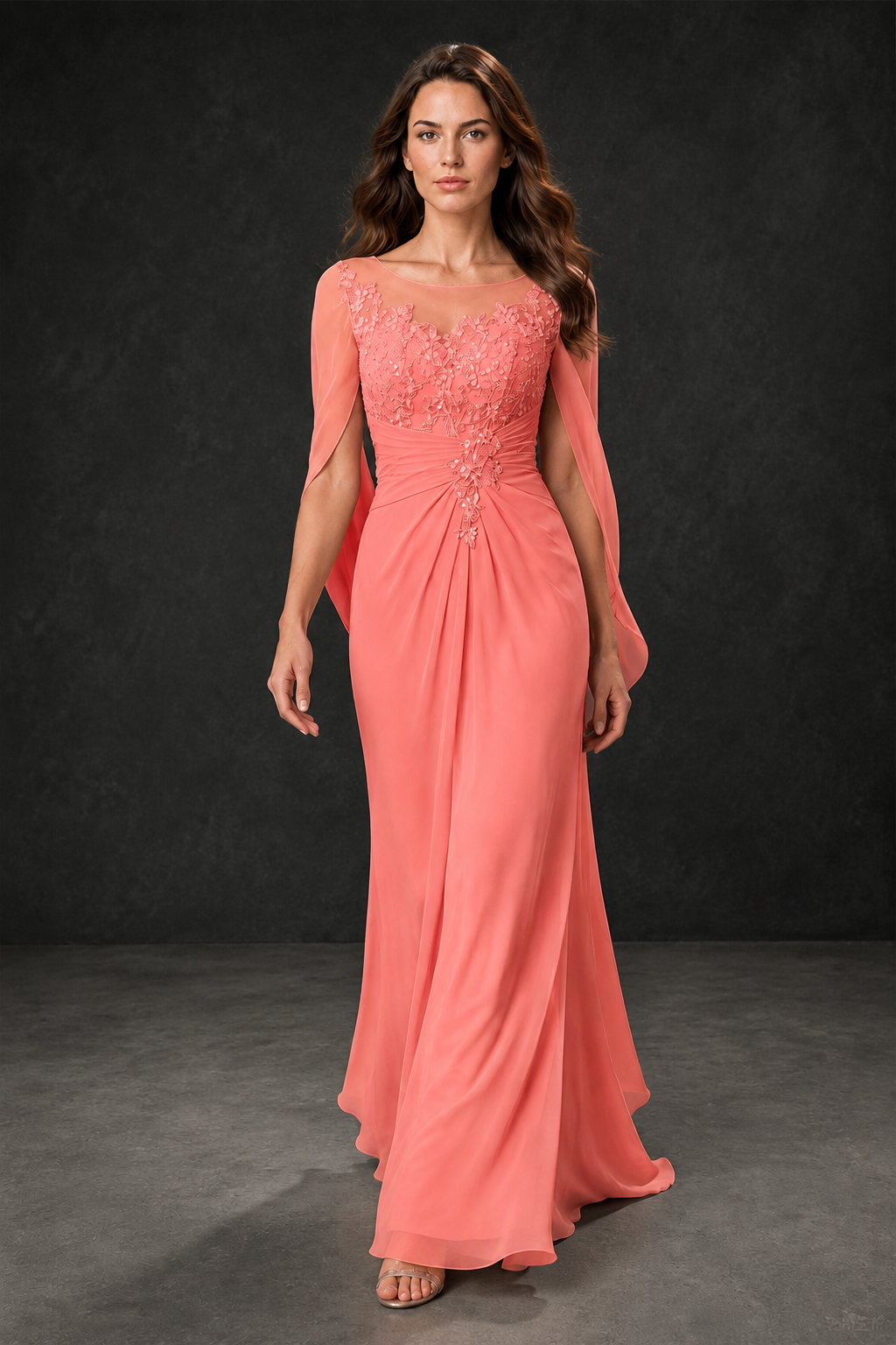 BOLODOO Coral Illusion Lace One-Side Cape Sleeve Beaded Chiffon Floor Length Gown | Mother of the Bride Evening Dress - Coral