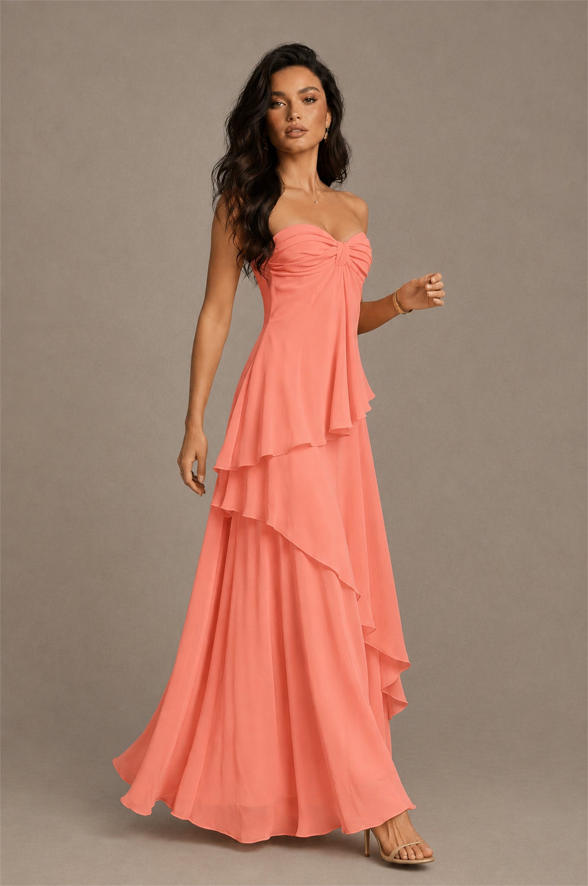 BOLODOO Coral Strapless Sweetheart Knotted Chiffon Tiered Maxi Dress with Lace-Up Back - Coral