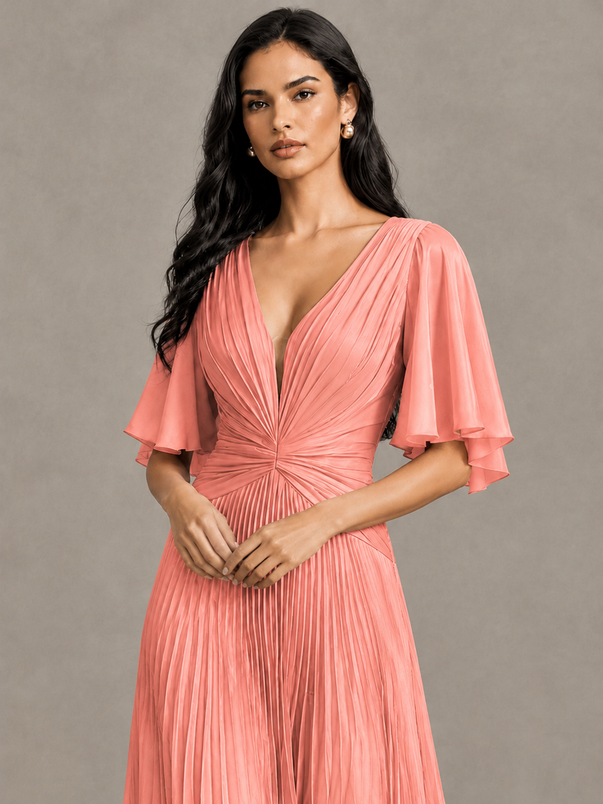 BOLODOO Coral Pleated V-Neck Flutter Sleeve Bridesmaid Dress - Coral - Coral (4)