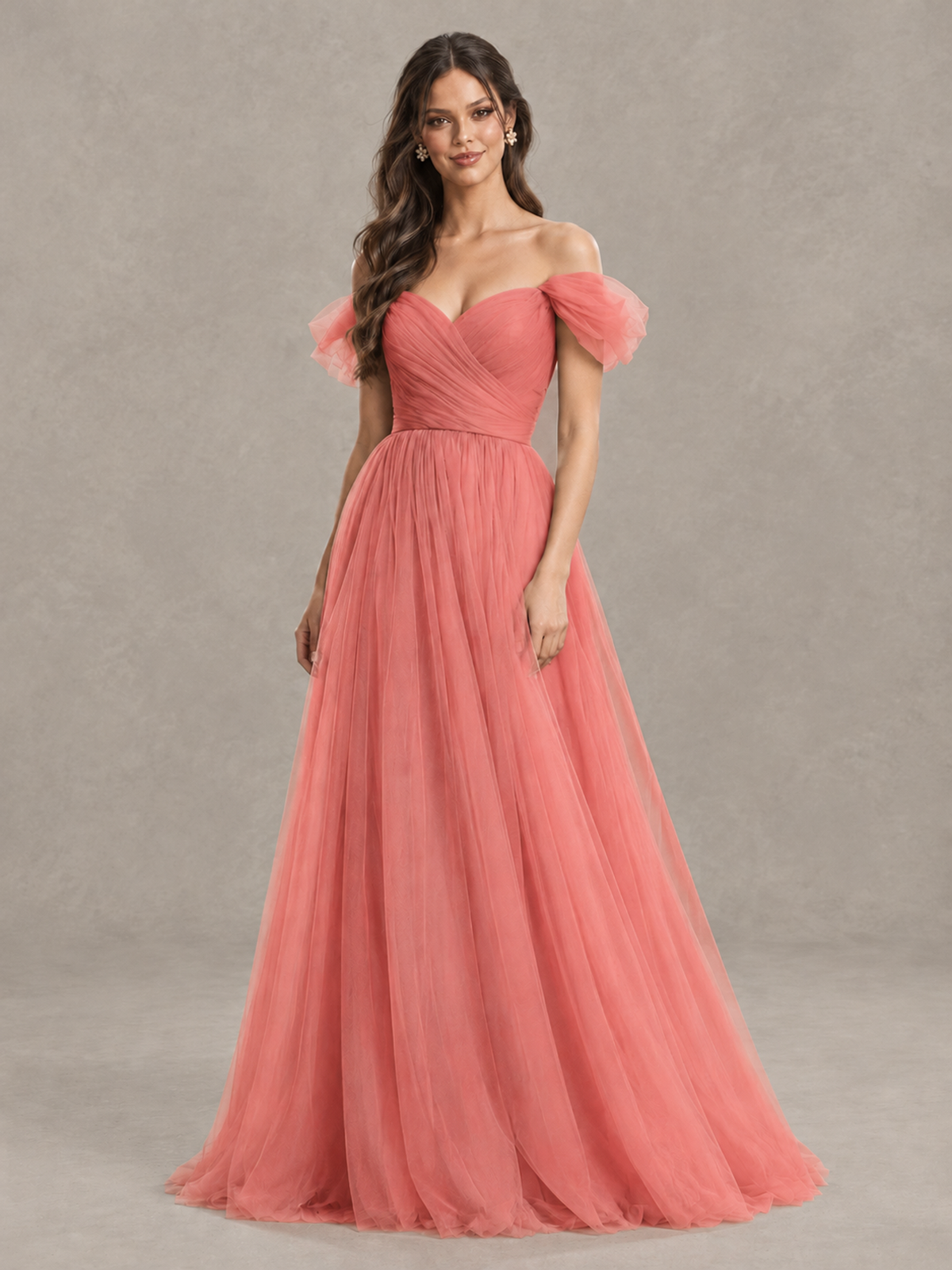 BOLODOO Coral Off-the-Shoulder Ruffle Sleeve A-Line Bridesmaid Dress - Coral - Coral (4)