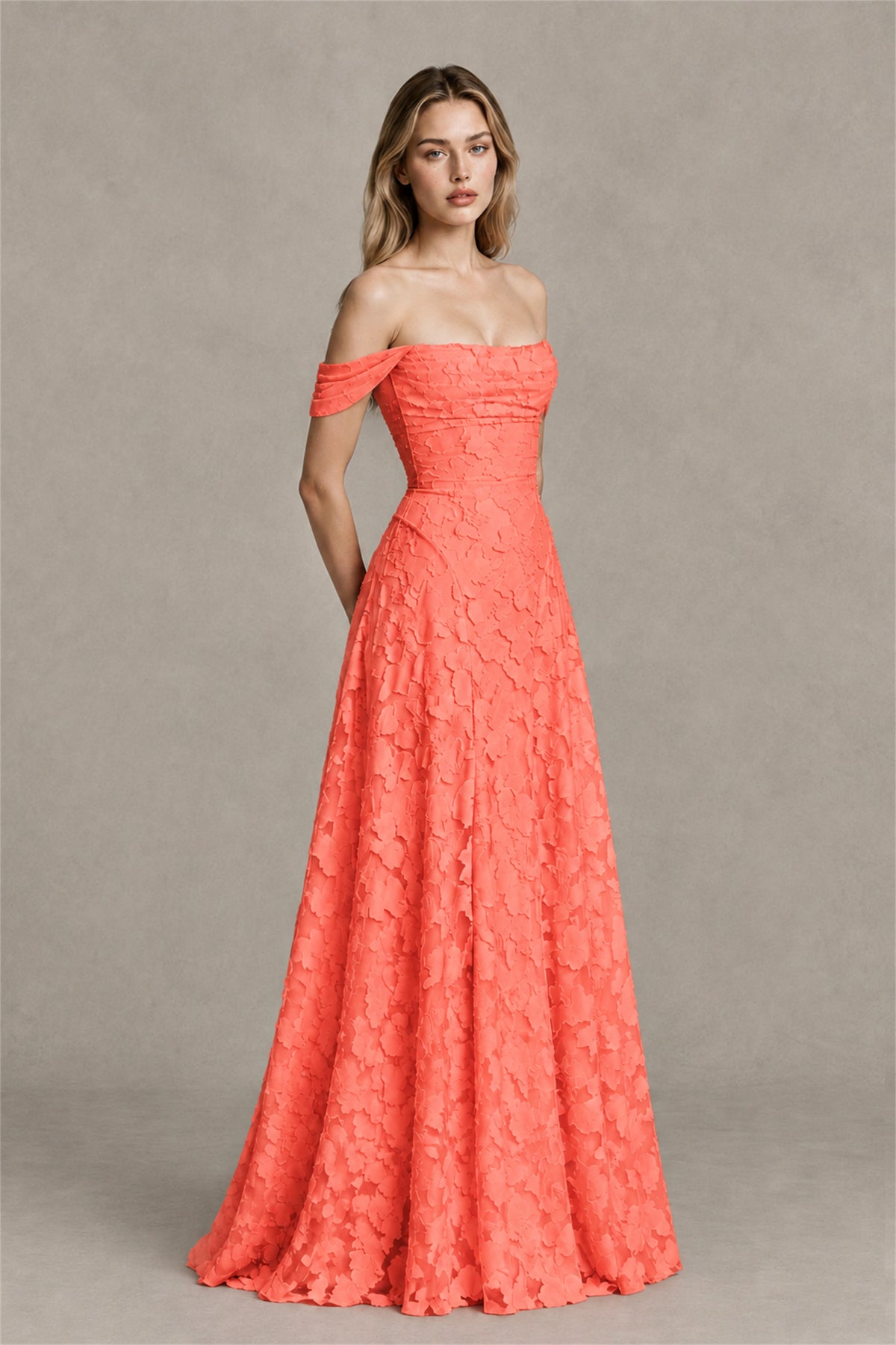 BOLODOO Coral Off-Shoulder Pleated A-Line Maxi Dress Floral - Coral