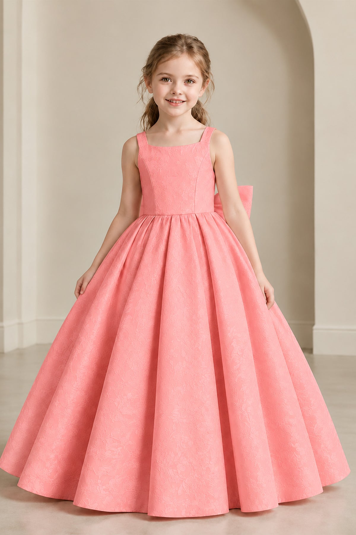 BOLODOO Coral Girls' A-Line Flower Girl Dress with Back Bow - Coral