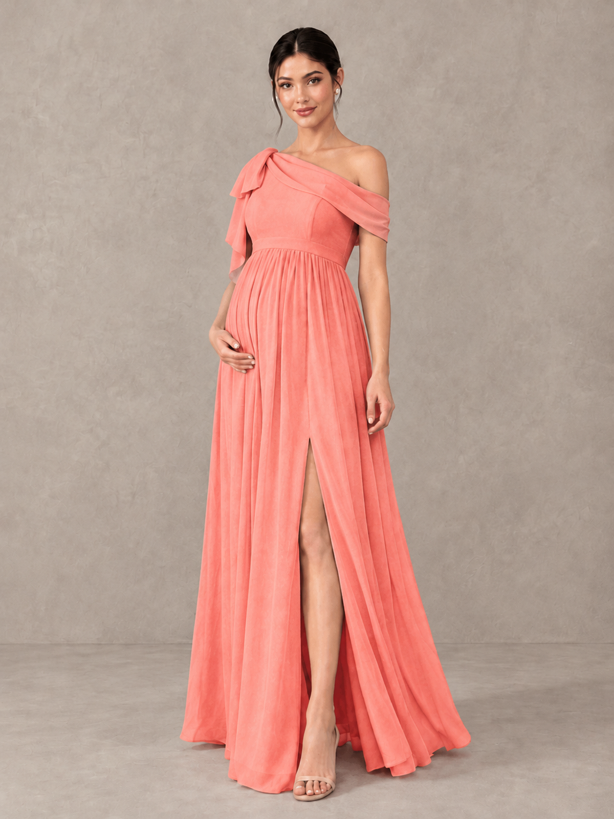 BOLODOO Coral One-Shoulder Maternity Bridesmaid Dress with Slit - Coral - Coral (4)