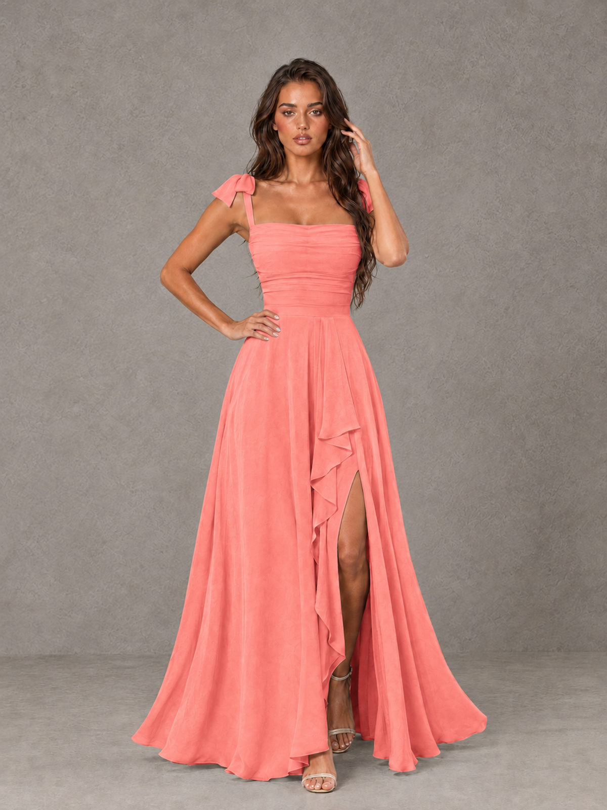 BOLODOO Coral Bow-Strap Bridesmaid Dress with Ruffle Slit - Coral - Coral (4)