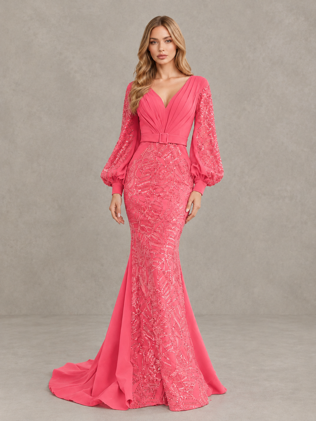 BOLODOO Coral Sequin Long Bishop Sleeve Mermaid Evening Dress - Coral - Coral (4)