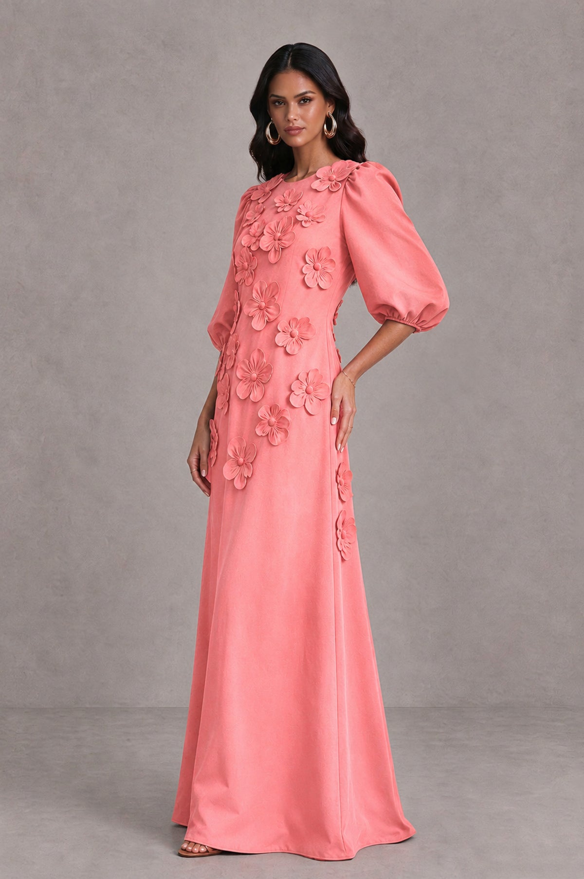 BOLODOO Coral Floral Applique Puff Sleeve A-Line Evening Dress - Coral - Coral (4)