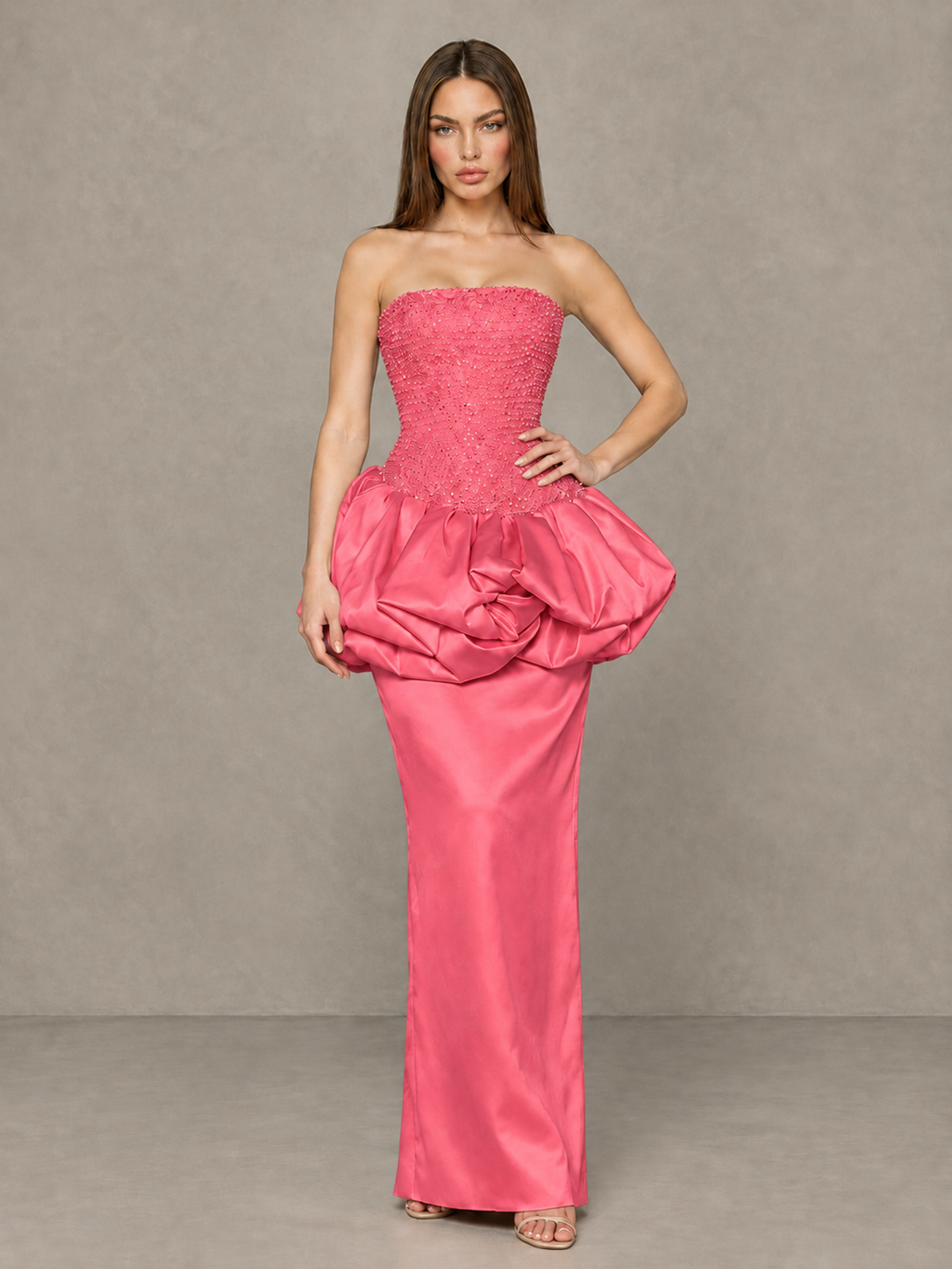 BOLODOO Coral Strapless Embellished Bubble Peplum Evening Dress - Coral - Coral (4)