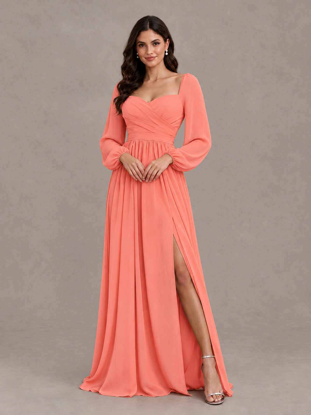 BOLODOO Coral Long Sleeve Chiffon Bridesmaid Dress with Slit - Coral - Coral (4)
