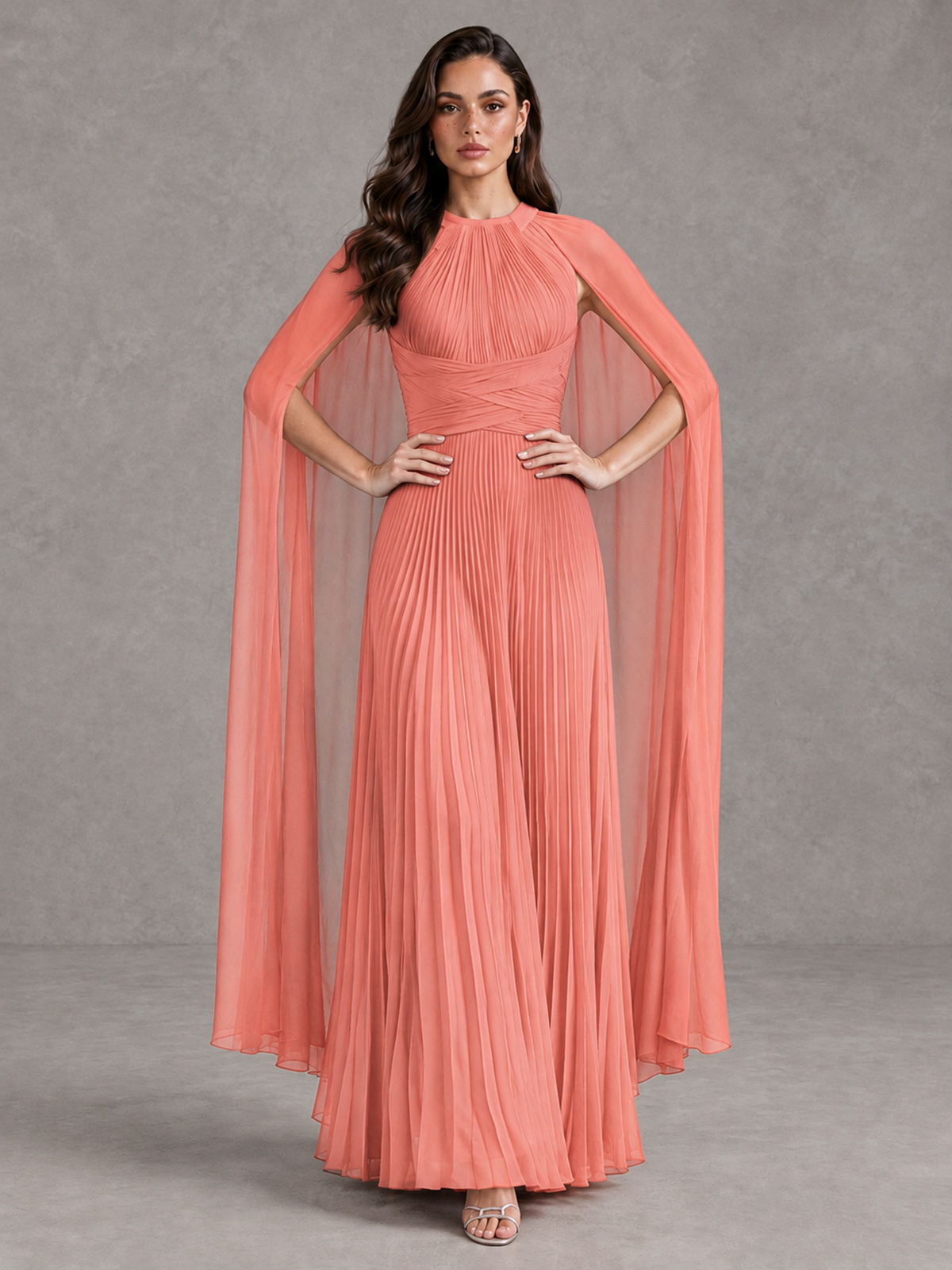 BOLODOO Coral Pleated Cape Maxi Wedding Guest Dress - Coral - Coral (4)