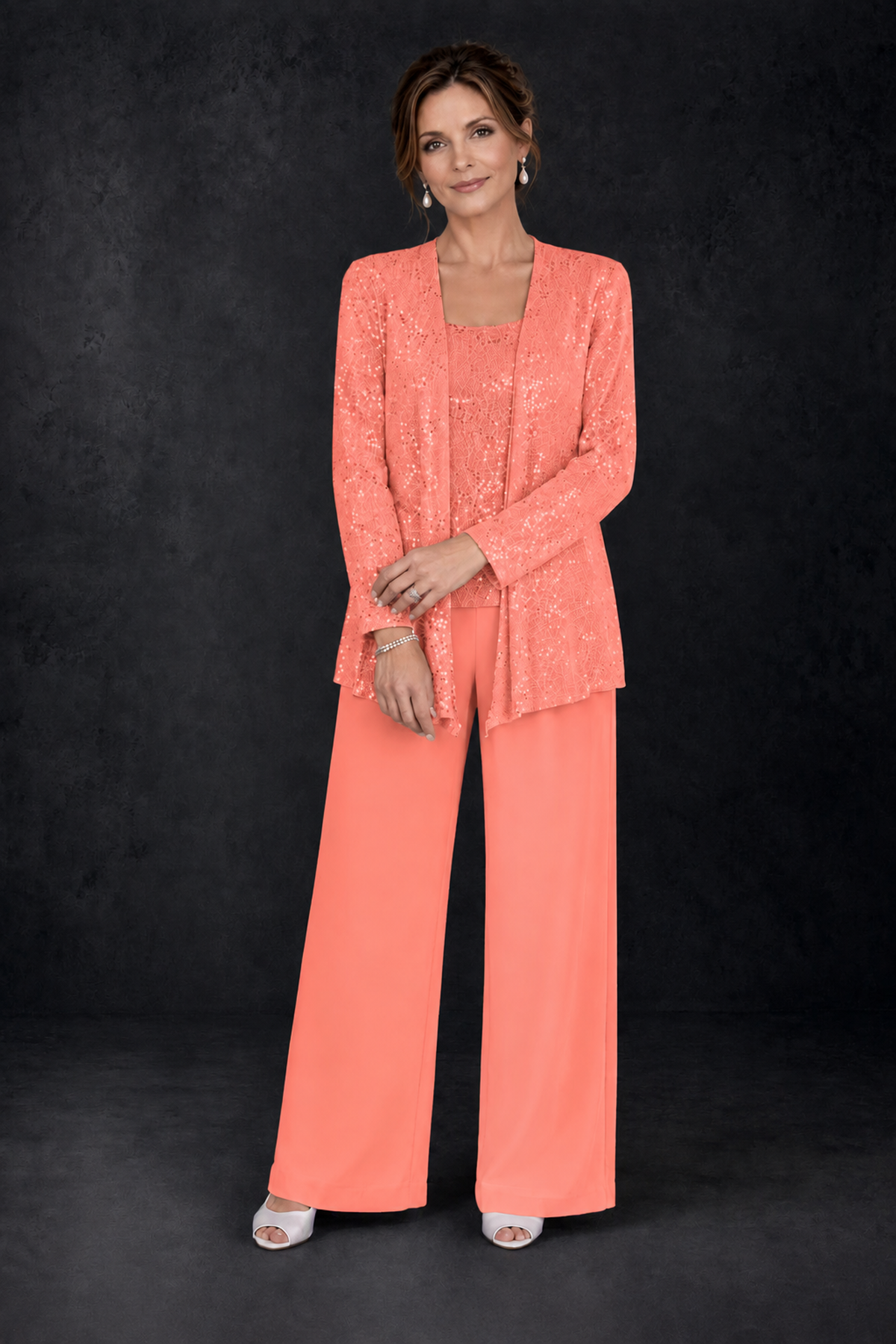 BOLODOO Coral Sequin Lace 3-Piece Pant Suit with Long Sleeve Jacket - Coral - Coral (4)
