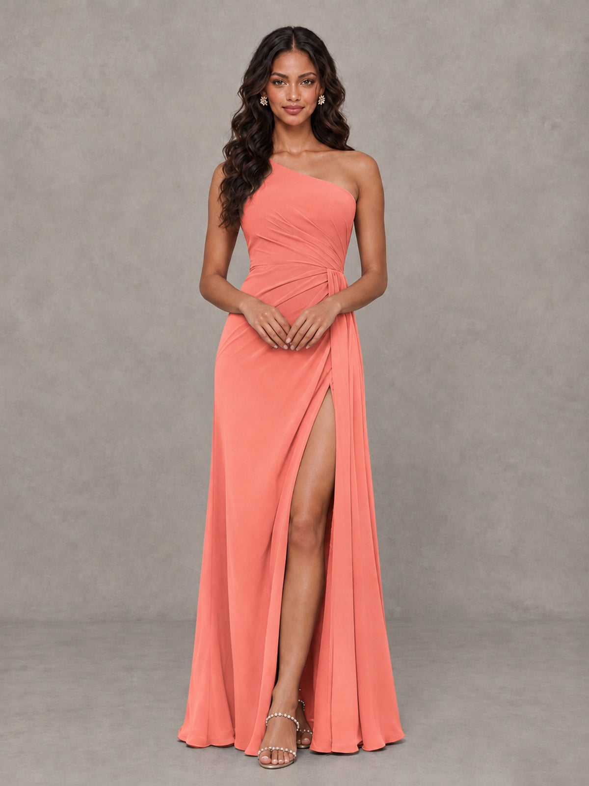BOLODOO Coral One-Shoulder Chiffon Bridesmaid Dress with Ruched Bodice & High Slit - Coral - Coral (4)