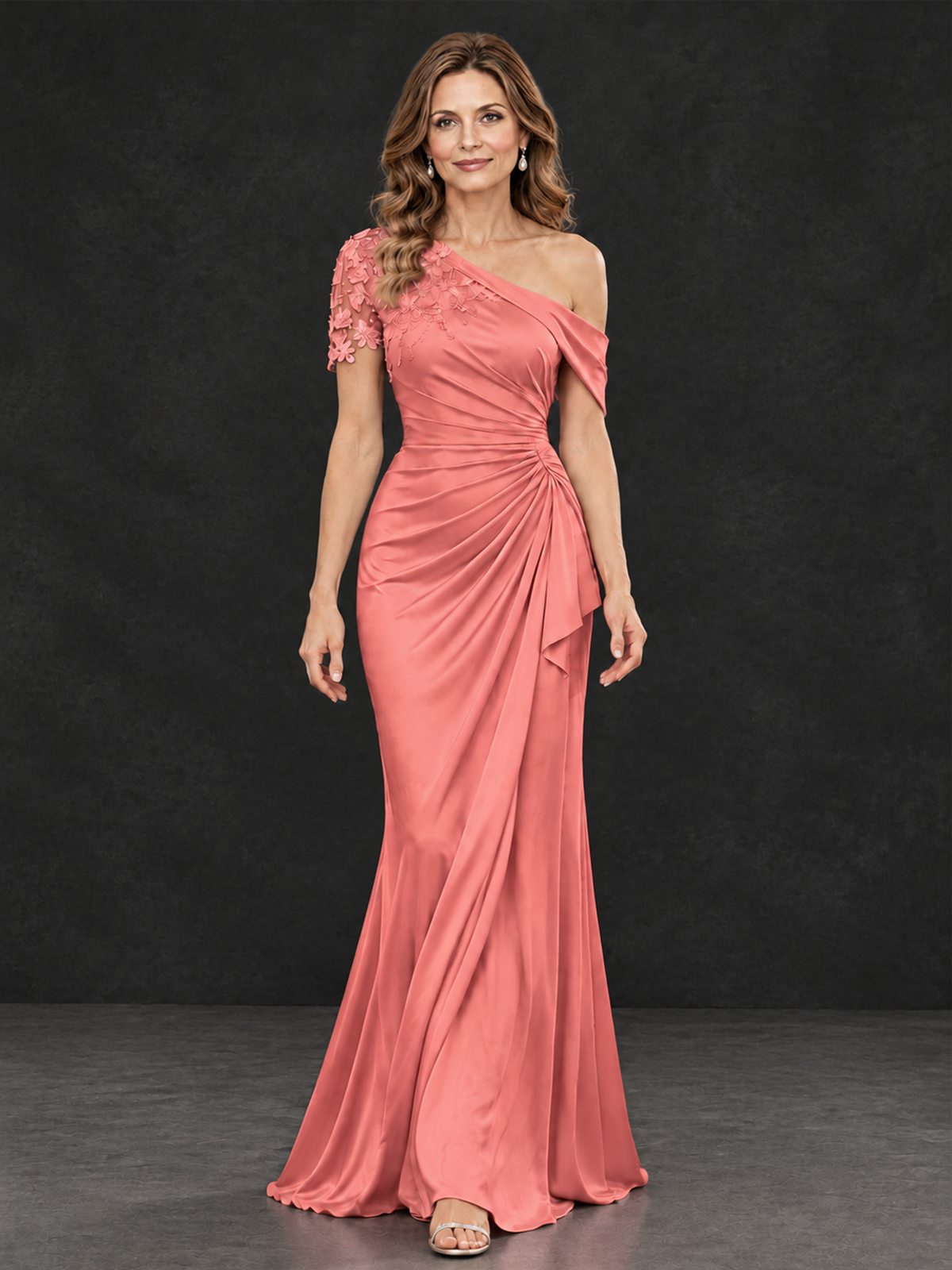 BOLODOO Coral Asymmetric Satin Mother of the Bride Dress with Lace Sleeve - Coral - Coral (4)