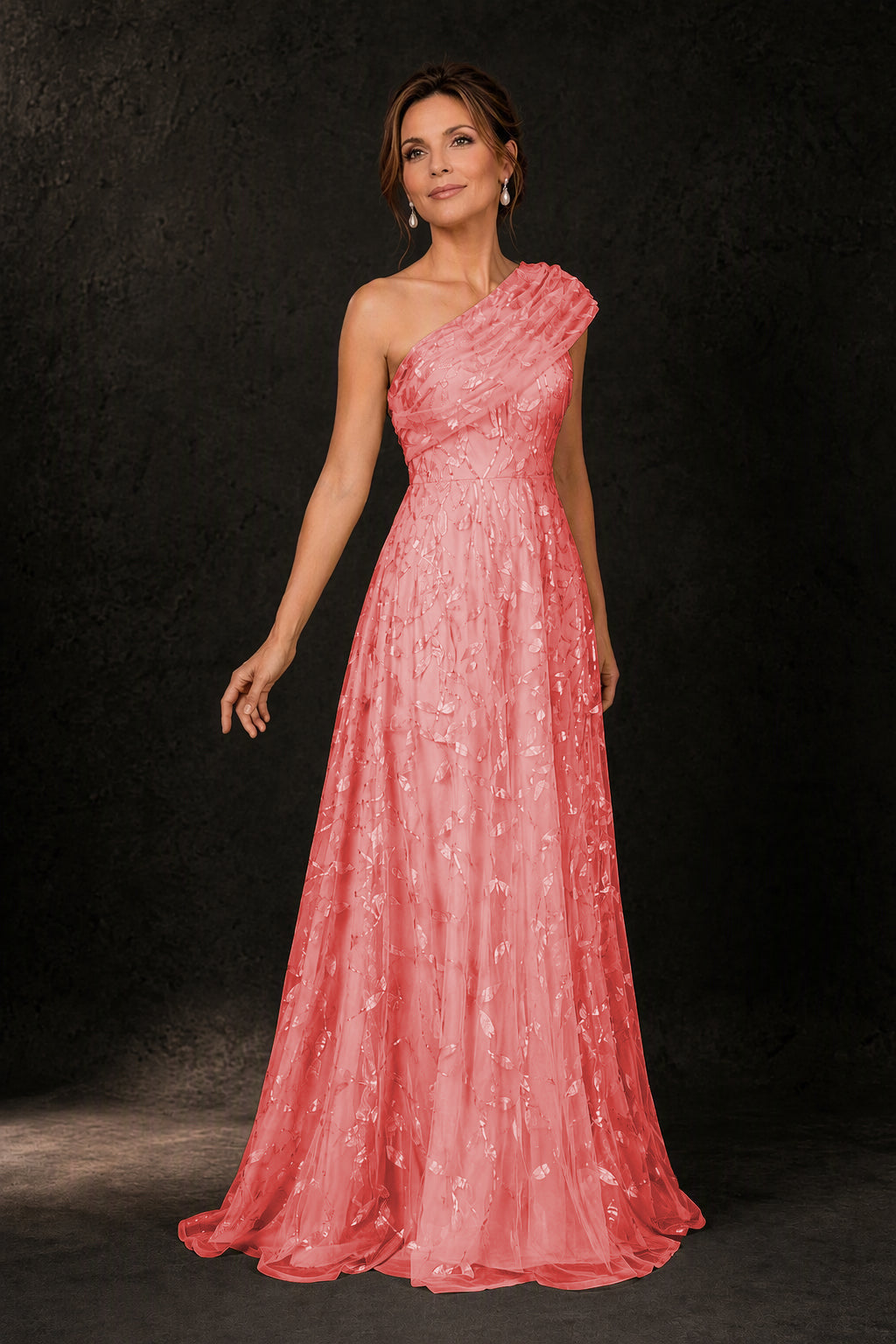 BOLODOO Coral Leaf Sequin One-Shoulder A-Line Maxi Gown – Mother of the Bride & Formal Evening Dress - Coral