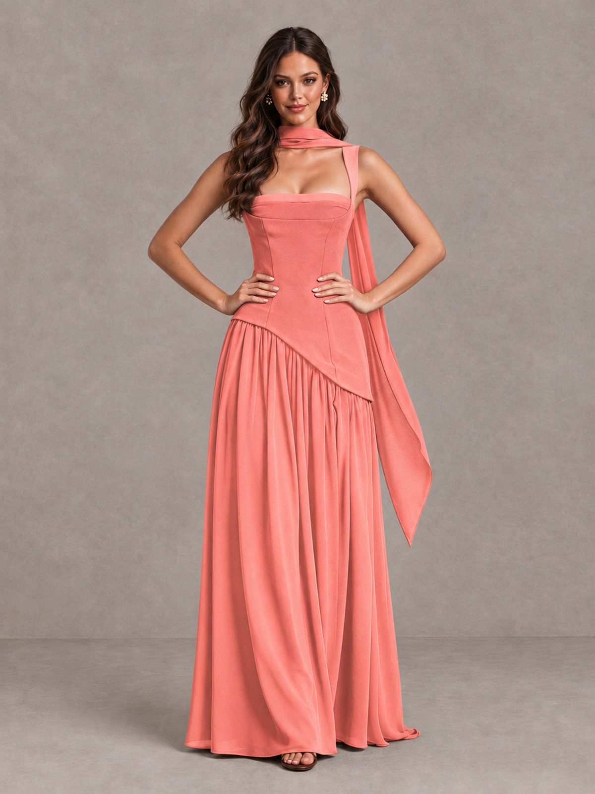 BOLODOO Coral Brown Scarf Bridesmaid Dress with Lace-Up Back - Coral - Coral (4)