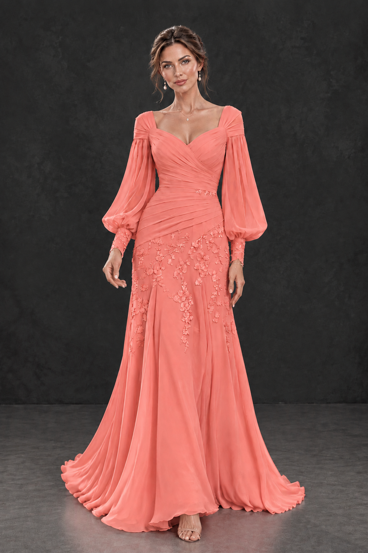 BOLODOO Coral Long Sleeve Mother of the Bride Dress with Floral Appliqués - Coral - Coral (4)
