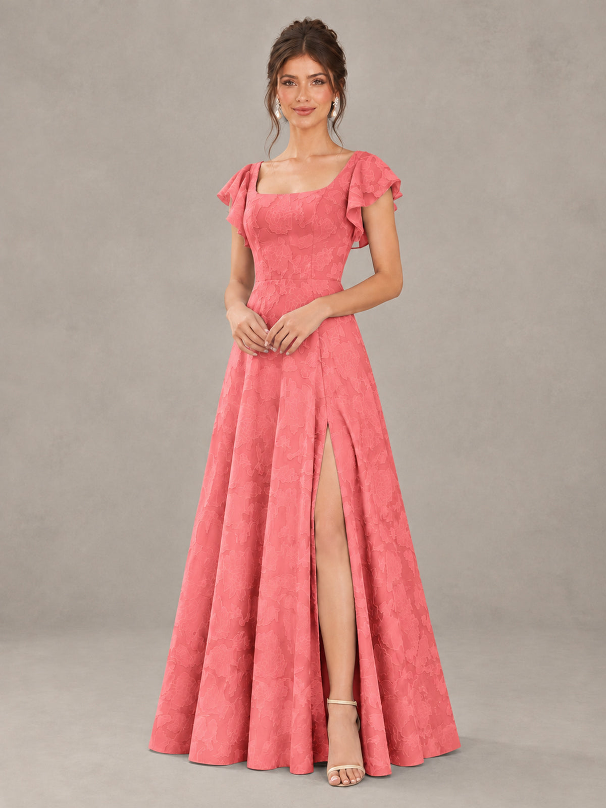 BOLODOO Coral Floral Flutter Sleeve Bridesmaid Dress with Slit - Coral - Coral (4)