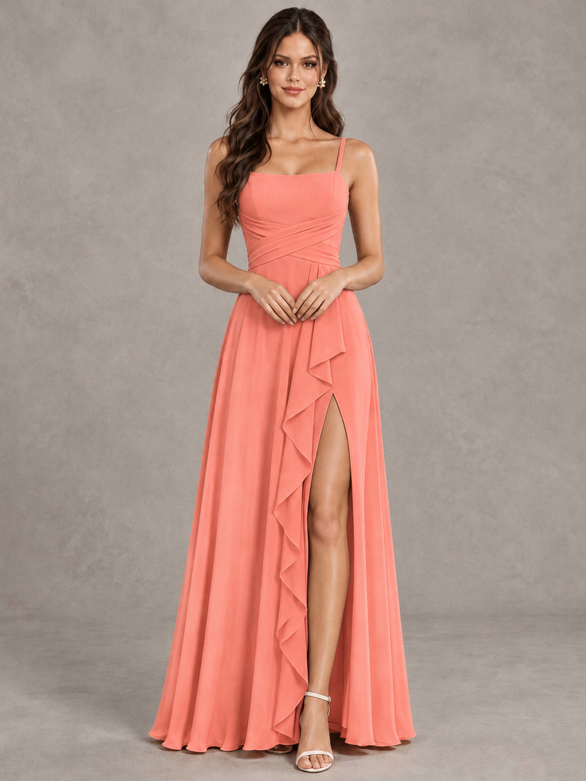 BOLODOO Coral Spaghetti Strap Ruffle Bridesmaid Dress with Slit - Coral - Coral (4)