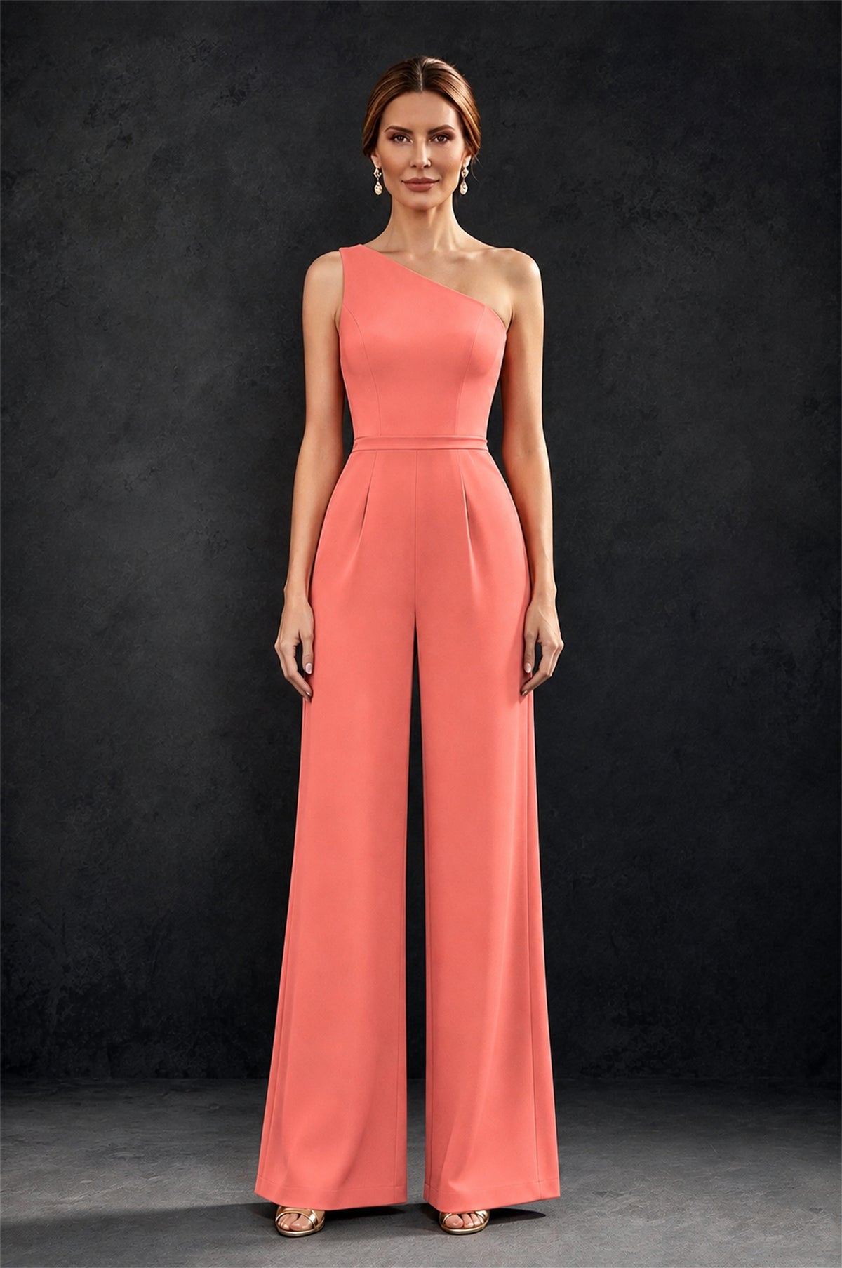BOLODOO Coral 2-Piece Set: Off-Shoulder 3D Floral Cape Gown & One-Shoulder Wide-Leg Jumpsuit | BD0373 - Coral