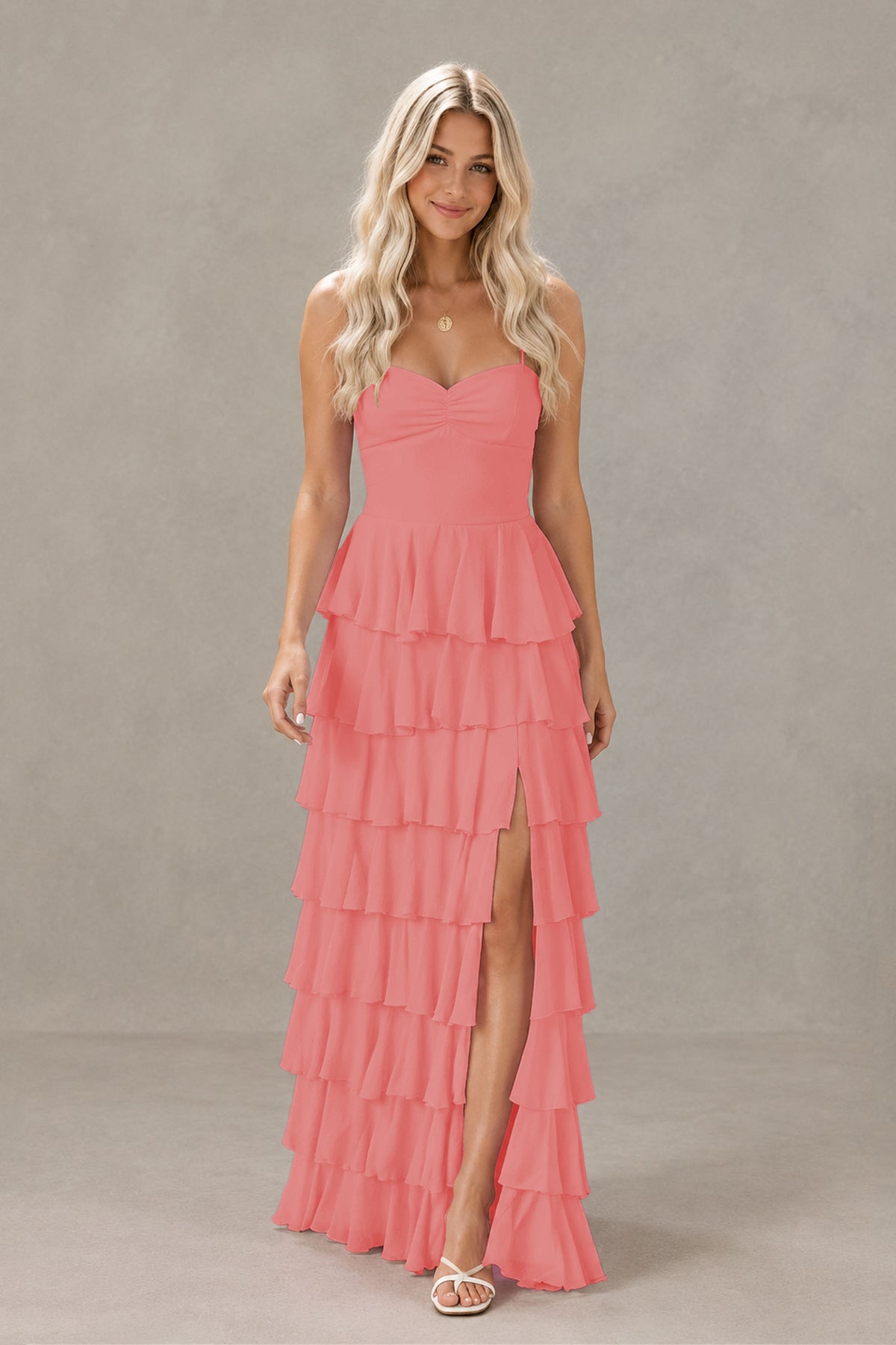 BOLODOO Coral Strapless Tiered Ruffle Maxi Dress with Slit & Lace-Up Back - Coral