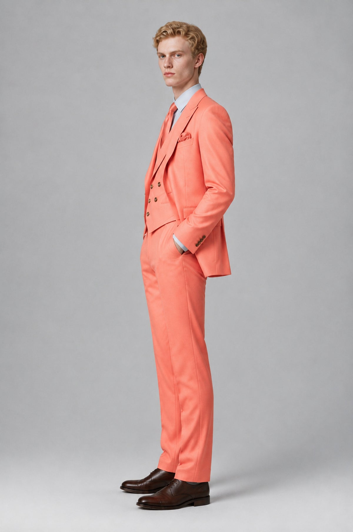 Bolodoo Men's Coral Two-Piece Suit with Notch-Lapel Jacket and Trousers - Coral - Coral (4)