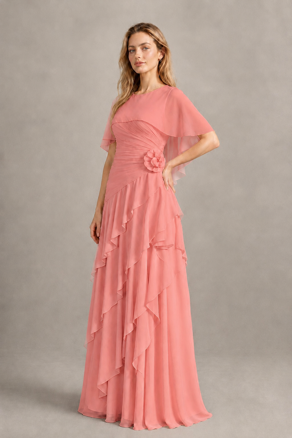 BOLODOO Coral Chiffon Flutter Sleeve Tiered Maxi Dress with 3D Rosette - Coral