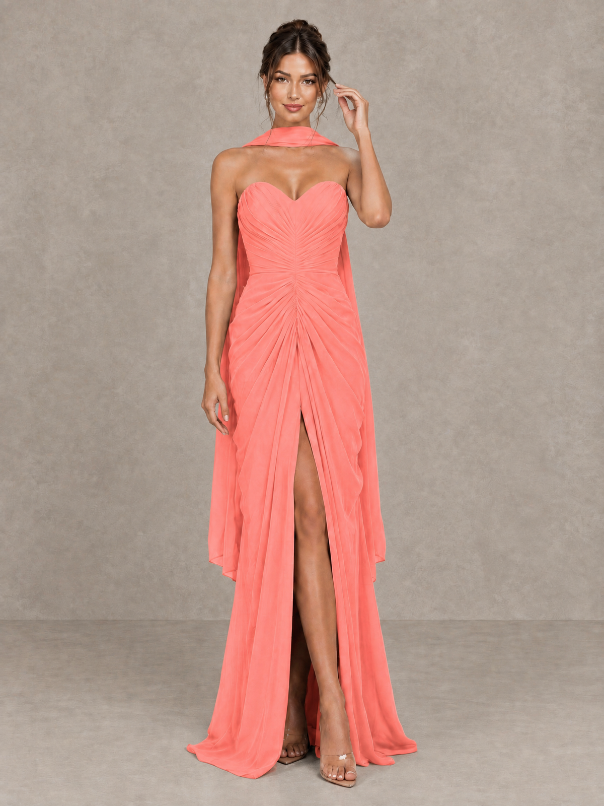 BOLODOO Coral Strapless Ruched Maxi Dress with Scarf and Slit - Coral