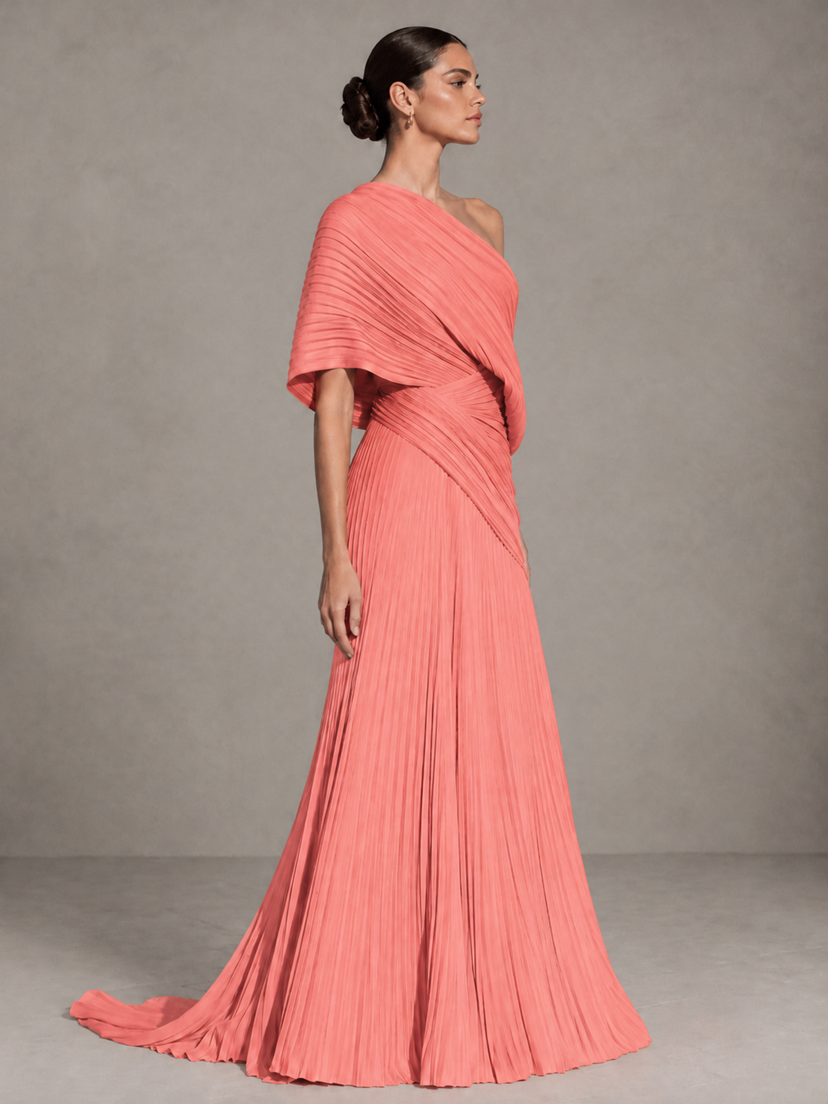 BOLODOO Coral One-Shoulder Pleated Cape Evening Gown with Train - Coral - Coral (4)