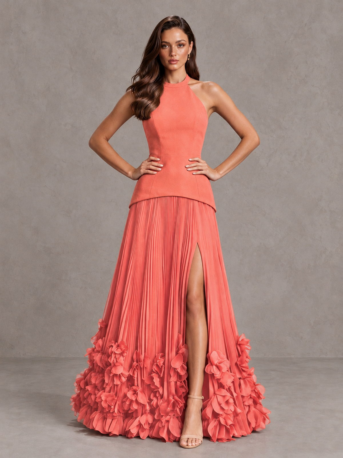 BOLODOO Coral Halter Neck Floor-Length Evening Gown with High Slit & 3D Floral Hem - Coral - Coral (4)