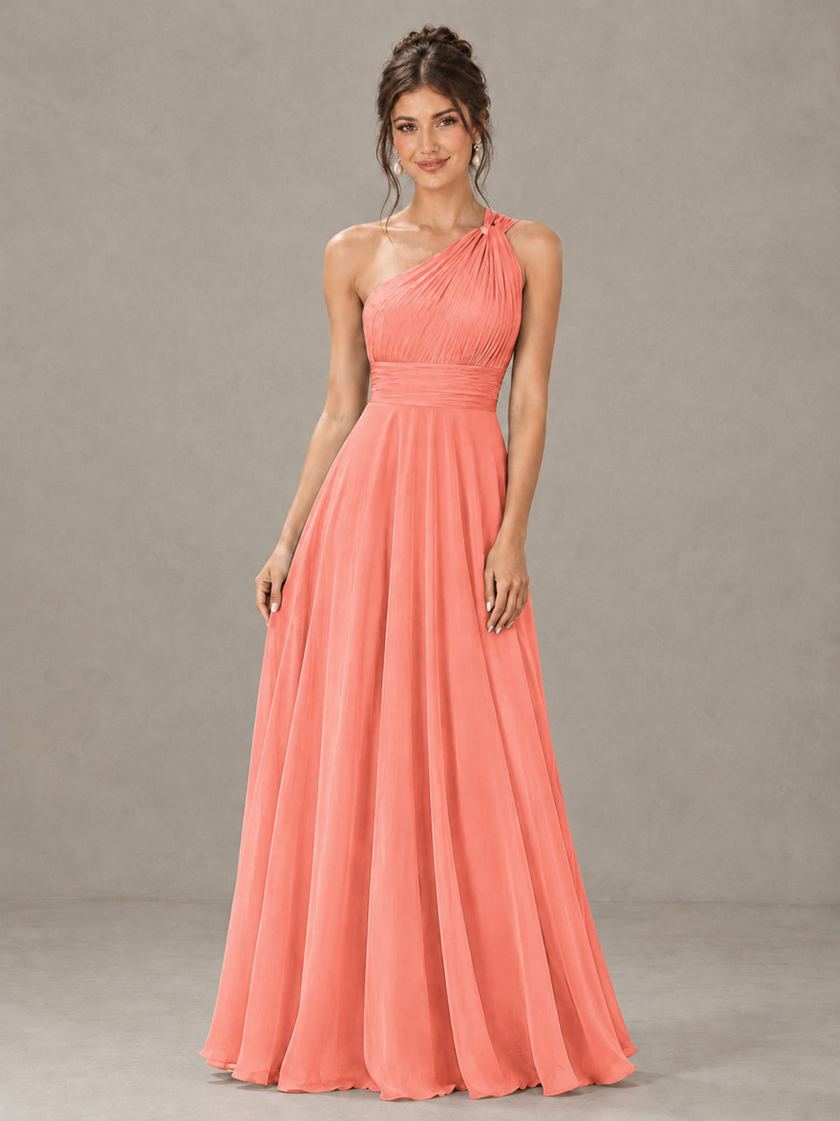 BOLODOO Coral One-Shoulder Chiffon-Look Bridesmaid Dress - Coral - Coral (4)