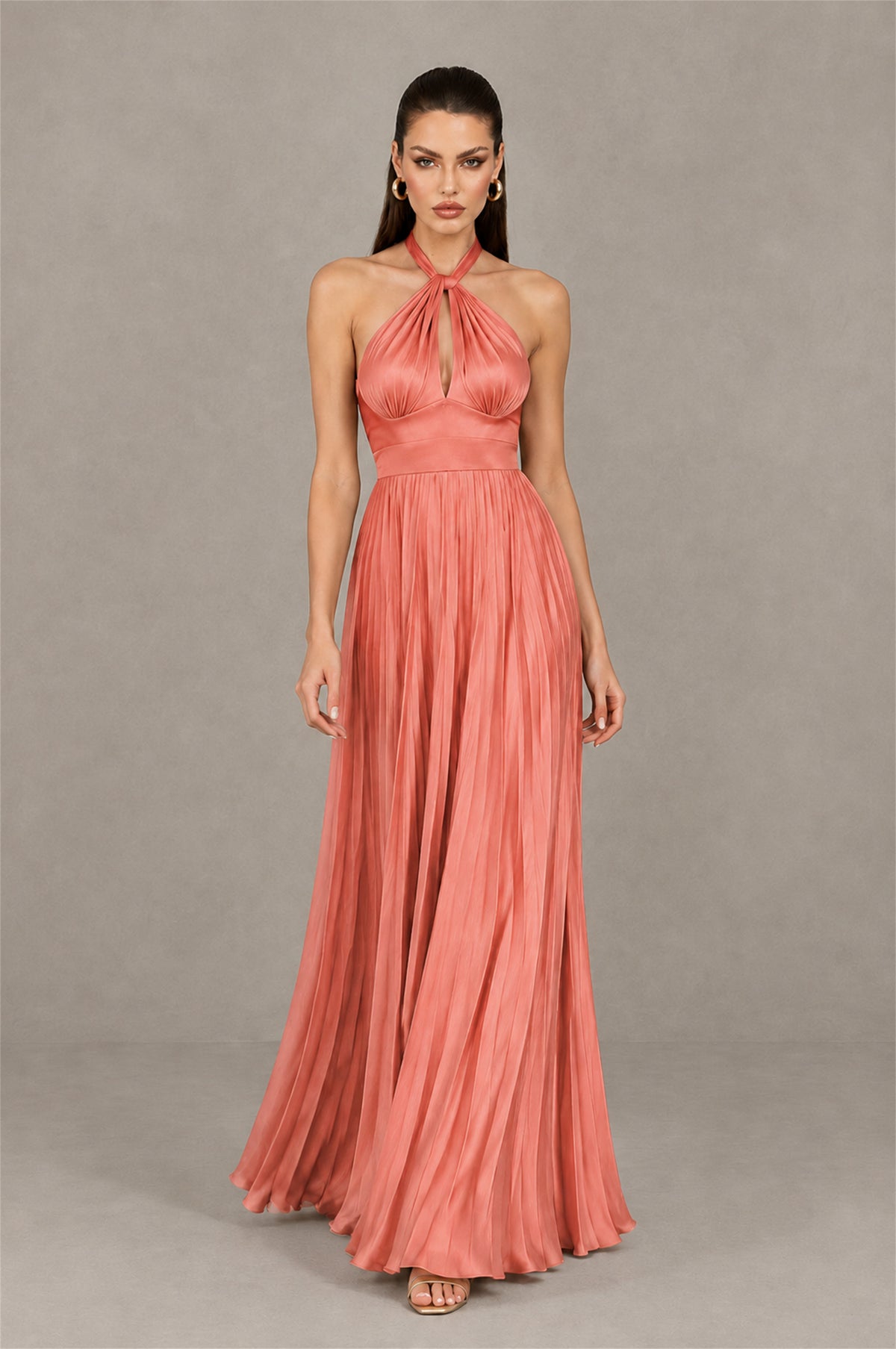 BOLODOO Coral Halter Pleated A-Line Evening Dress - Coral