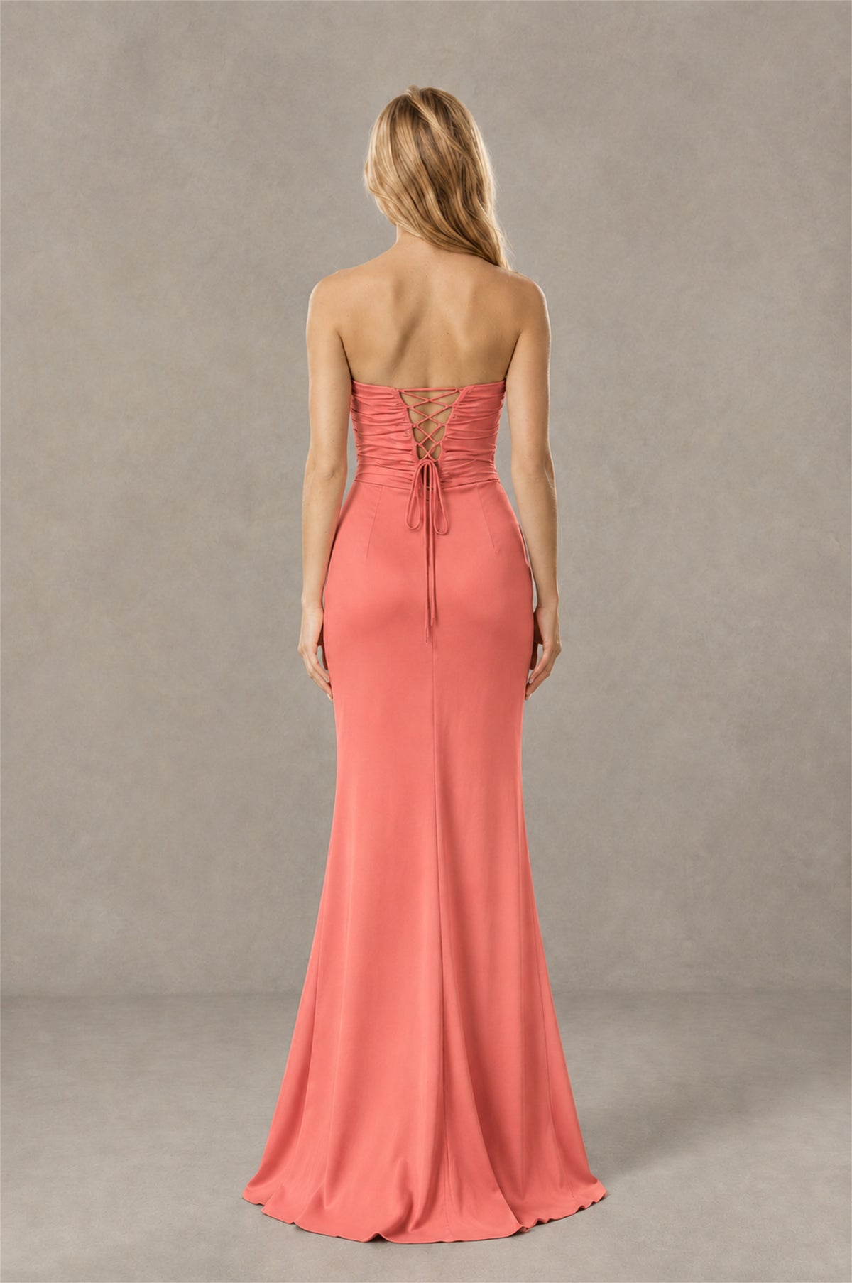 BOLODOO Coral Sweetheart Strapless Twist Knot Cutout Lace-Up Back Satin Mermaid Maxi Dress - Coral - Coral (4)