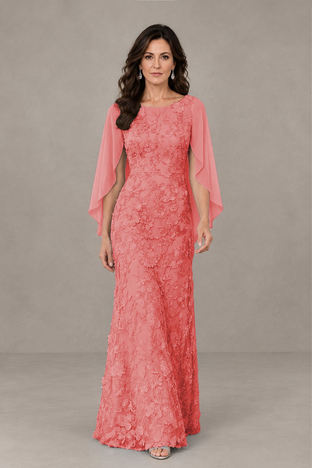 BOLODOO Coral Lace Mother of the Bride Dress with Cape Sleeves - Coral