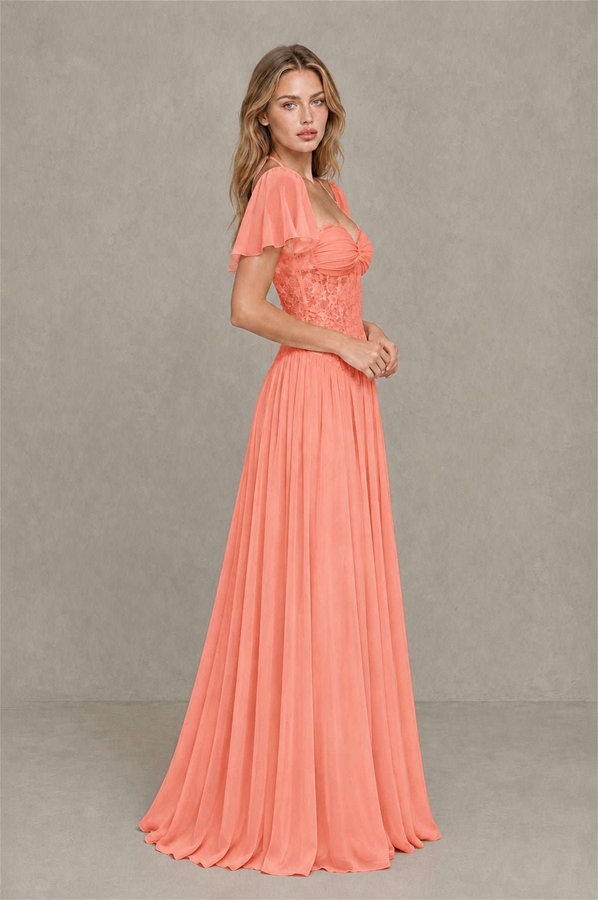 BOLODOO Coral Flutter Sleeve Lace Corset A-Line Maxi Dress - Coral - Coral (4)