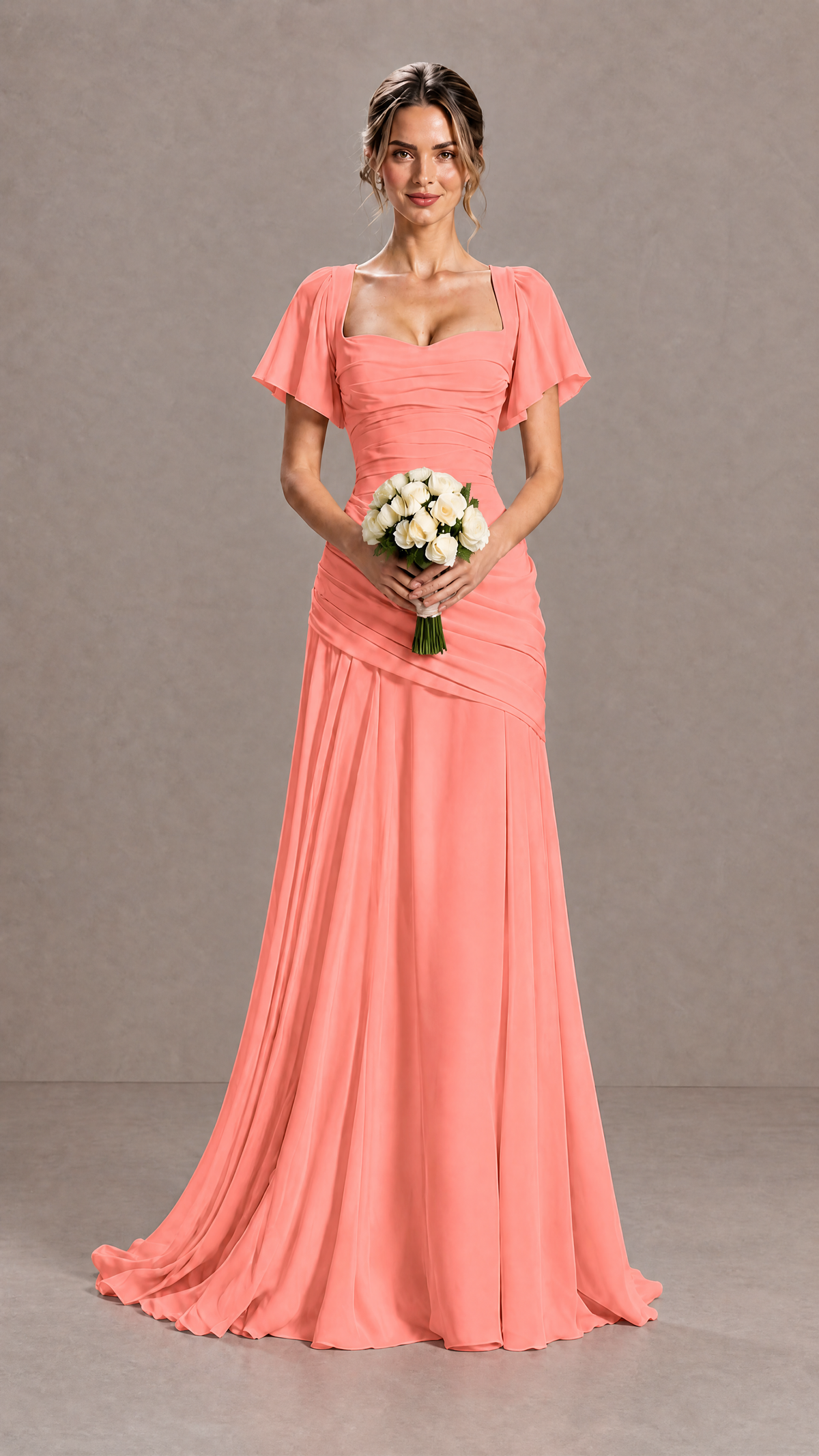BOLODOO Coral Flutter Sleeve Lace-Up Back Maxi Dress - Coral