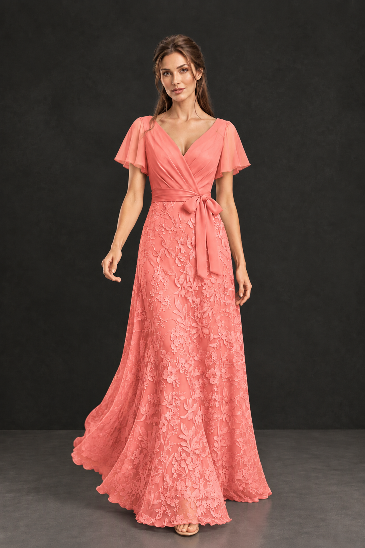 BOLODOO Coral Flutter Sleeve Lace Mother of the Bride Dress - Coral