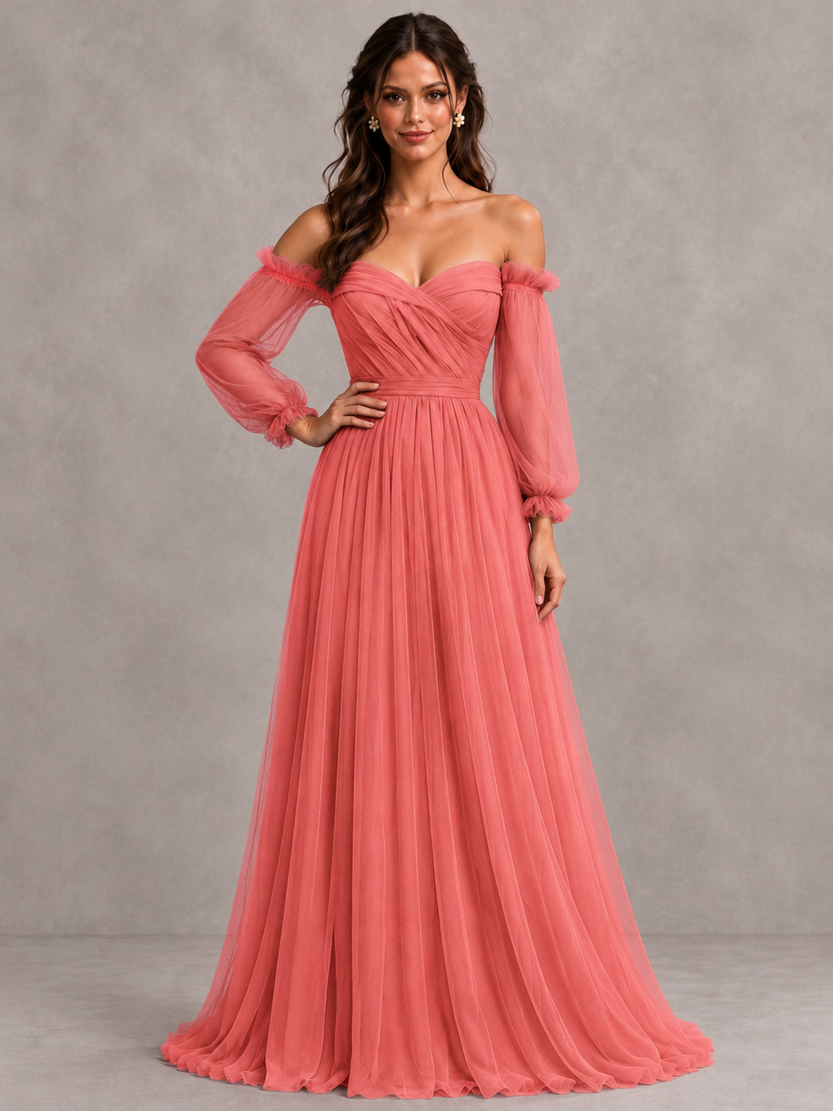 BOLODOO Coral Off-the-Shoulder Long Sleeve A-Line Bridesmaid Dress - Coral - Coral (4)