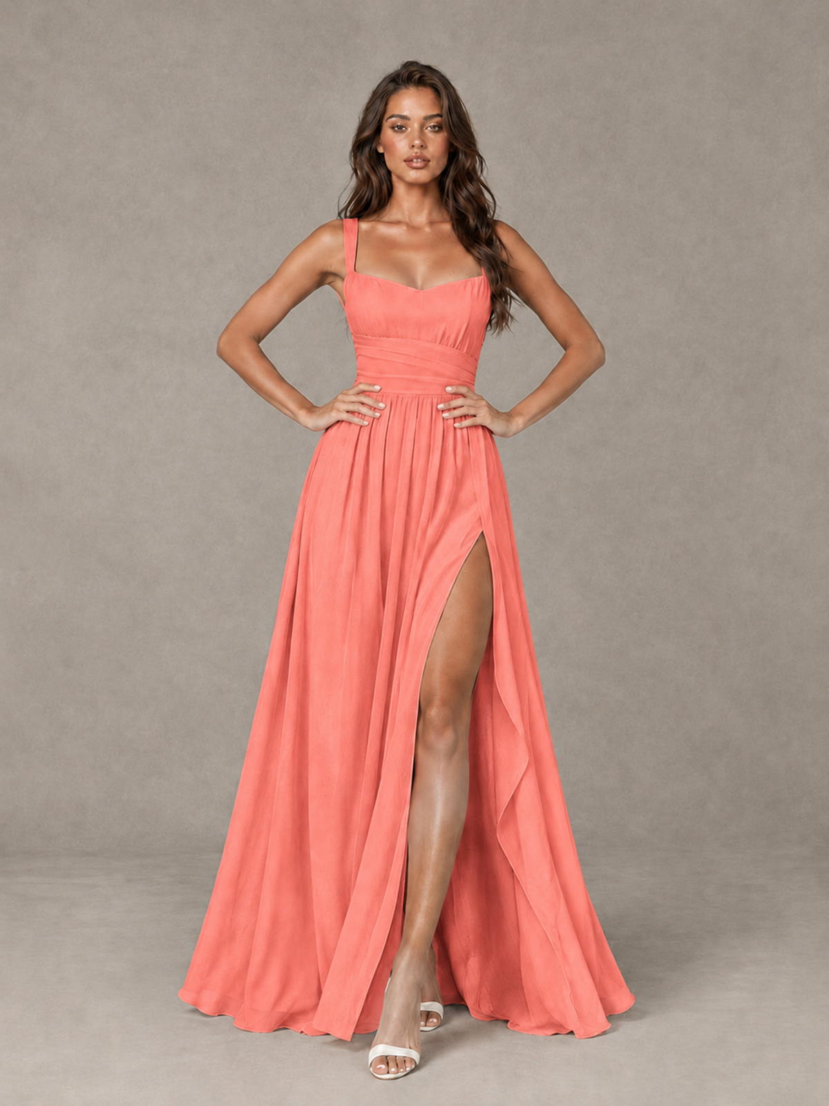 BOLODOO Coral A-Line Bridesmaid Dress with High Slit & Lace-Up Back - Coral - Coral (4)