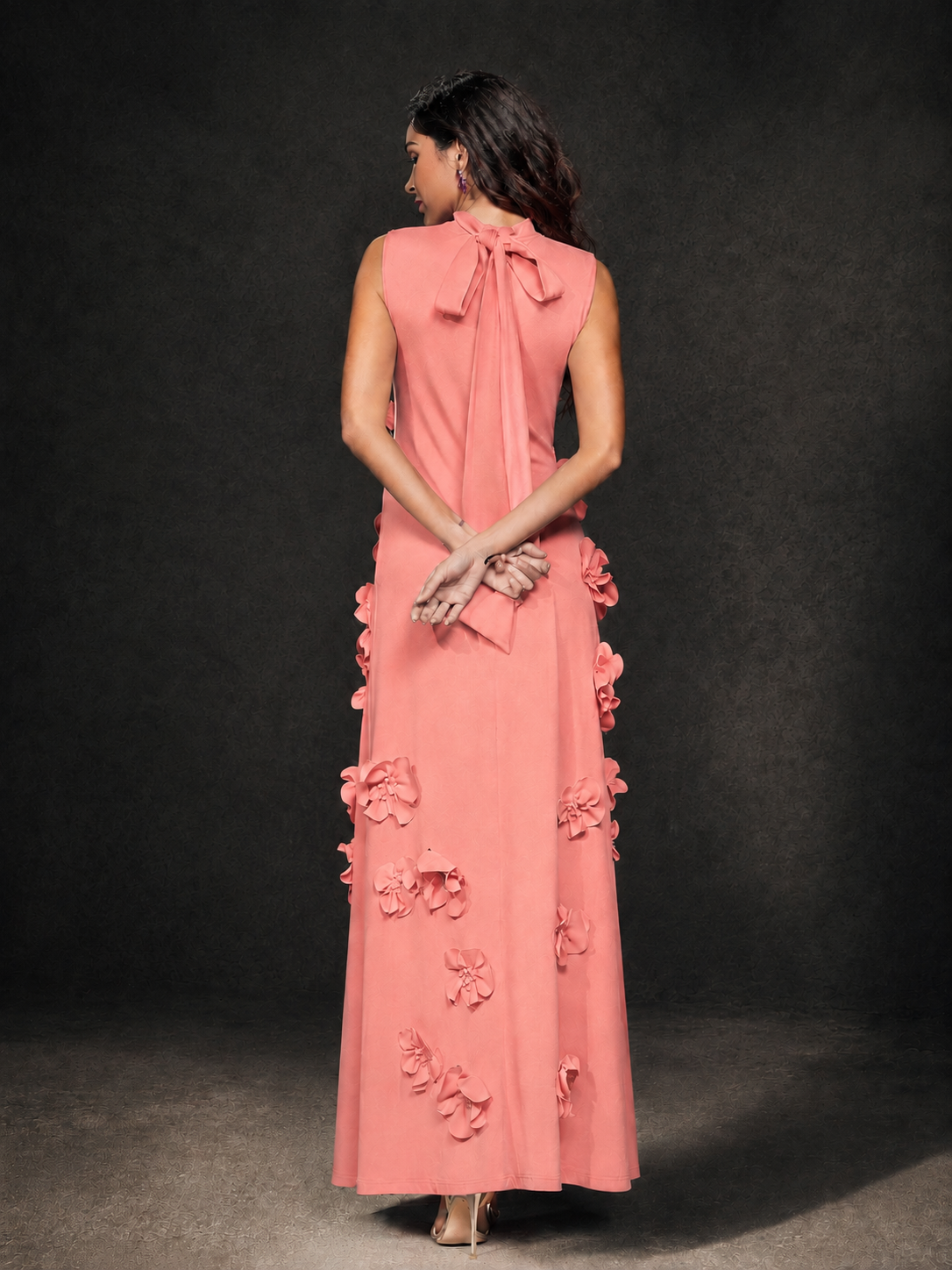 BOLODOO Coral Mock Neck Sleeveless 3D Floral Appliqué Maxi Dress with Bow Back - Coral