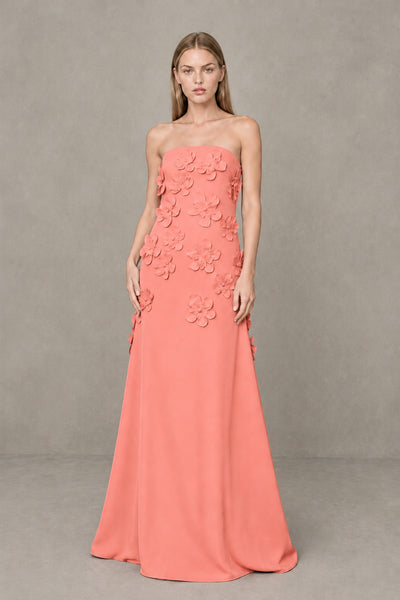BOLODOO Coral Strapless 3D Floral Appliqué Crepe Maxi Gown 