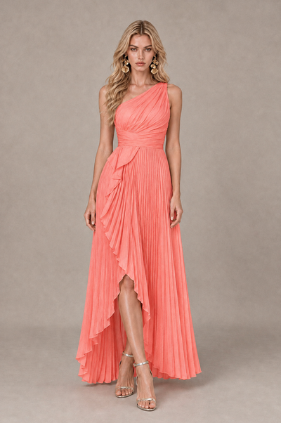 BOLODOO Coral One-Shoulder High-Low Ruffle Maxi Dress 