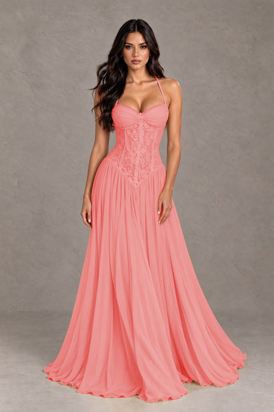 BOLODOO Coral Lace Corset Halter Maxi Gown – Backless A-Line Formal Dress 