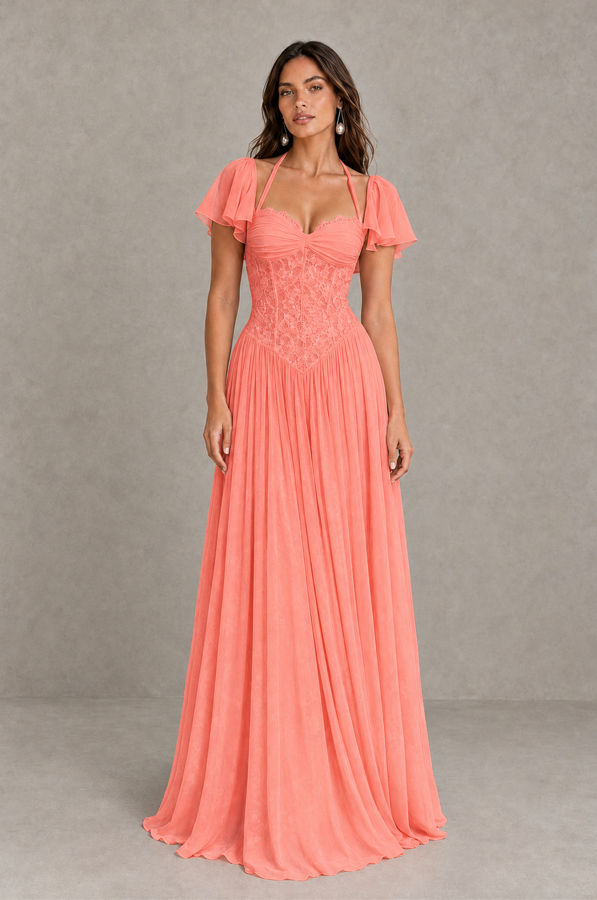 BOLODOO Coral Flutter Sleeve Lace Corset A-Line Maxi Dress 