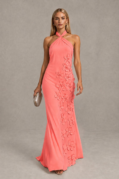 BOLODOO Coral Cross Halter Neck 3D Floral Appliqué Backless Mermaid Maxi Gown 