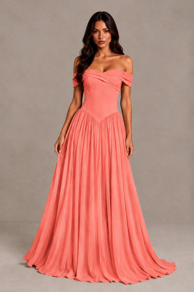 BOLODOO Coral Off-Shoulder Sweetheart Corset Pleated Chiffon Maxi Dress 