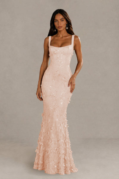 BOLODOO Coral Sequin 3D Floral Mermaid Maxi Gown – Lace-Up Back Formal Dress 