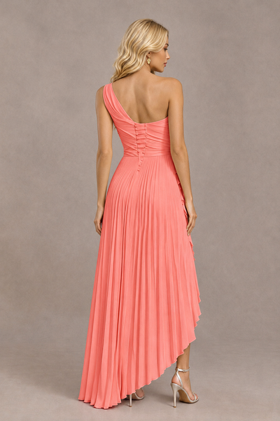 BOLODOO Coral One-Shoulder High-Low Ruffle Maxi Dress 