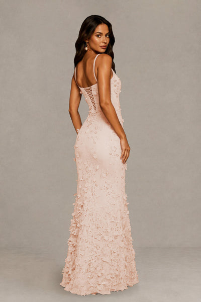 BOLODOO Coral Sequin 3D Floral Mermaid Maxi Gown – Lace-Up Back Formal Dress 